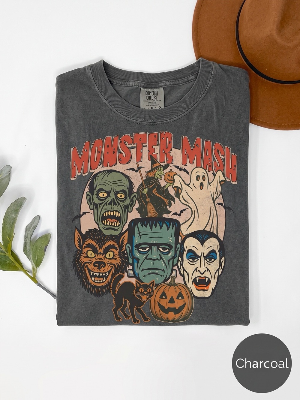 Halloween Monster Mash Dracula Frankenstein Spooky Charcoal Tee